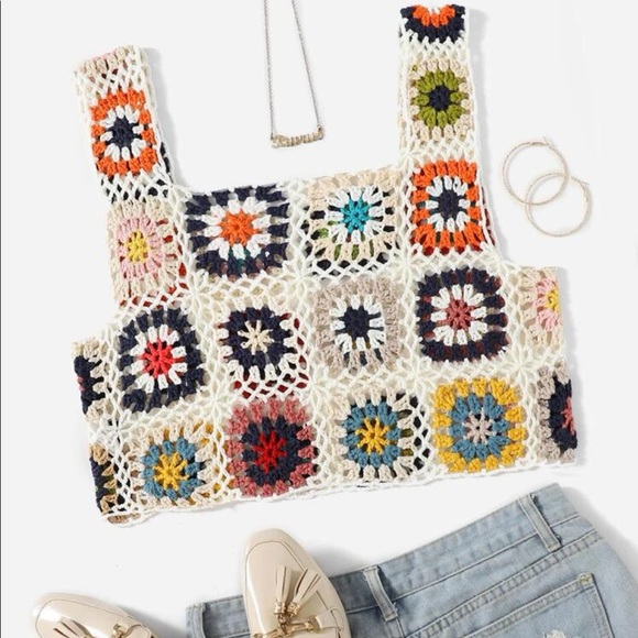 Crochet lace crop top bikini cover-up colorful patchwork cream beach summer tops - Picture 4 of 6